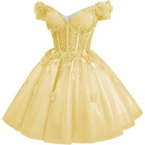 imageYoujiayi 3D Butterfly Homecoming Dresses for Teens Off Shoulder DAMA Dress for Quinceanera Sparkly Sequin Short Prom GownYellow