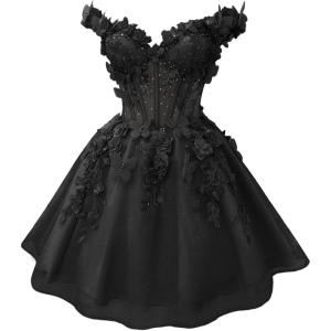 imageYoujiayi 3D Butterfly Short Homecoming Dresses for Teens Off Shoulder DAMA Dress for Quinceanera Puffy Tulle Short Prom GownBlack
