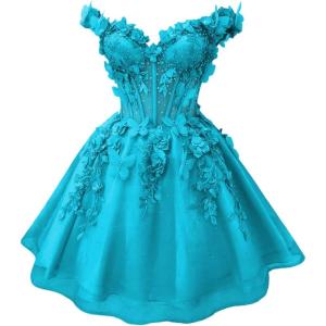 imageYoujiayi 3D Butterfly Short Homecoming Dresses for Teens Off Shoulder DAMA Dress for Quinceanera Puffy Tulle Short Prom GownBlue