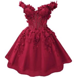 imageYoujiayi 3D Butterfly Short Homecoming Dresses for Teens Off Shoulder DAMA Dress for Quinceanera Puffy Tulle Short Prom GownBurgundy