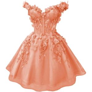 imageYoujiayi 3D Butterfly Short Homecoming Dresses for Teens Off Shoulder DAMA Dress for Quinceanera Puffy Tulle Short Prom GownCoral