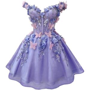 imageYoujiayi 3D Butterfly Short Homecoming Dresses for Teens Off Shoulder DAMA Dress for Quinceanera Puffy Tulle Short Prom GownDark Lavender