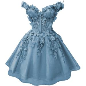 imageYoujiayi 3D Butterfly Short Homecoming Dresses for Teens Off Shoulder DAMA Dress for Quinceanera Puffy Tulle Short Prom GownDusty Blue