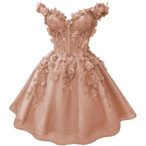 imageYoujiayi 3D Butterfly Short Homecoming Dresses for Teens Off Shoulder DAMA Dress for Quinceanera Puffy Tulle Short Prom GownDusty Rose