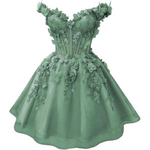 imageYoujiayi 3D Butterfly Short Homecoming Dresses for Teens Off Shoulder DAMA Dress for Quinceanera Puffy Tulle Short Prom GownDusty Sage