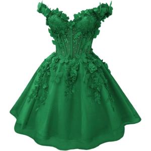 imageYoujiayi 3D Butterfly Short Homecoming Dresses for Teens Off Shoulder DAMA Dress for Quinceanera Puffy Tulle Short Prom GownEmerald Green