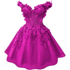 imageYoujiayi 3D Butterfly Short Homecoming Dresses for Teens Off Shoulder DAMA Dress for Quinceanera Puffy Tulle Short Prom GownFuchsia