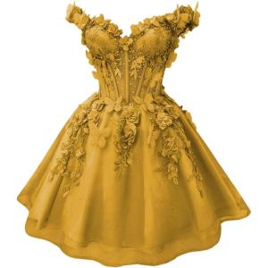 imageYoujiayi 3D Butterfly Short Homecoming Dresses for Teens Off Shoulder DAMA Dress for Quinceanera Puffy Tulle Short Prom GownGold