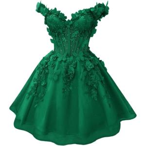imageYoujiayi 3D Butterfly Short Homecoming Dresses for Teens Off Shoulder DAMA Dress for Quinceanera Puffy Tulle Short Prom GownGreen