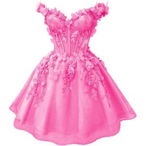 imageYoujiayi 3D Butterfly Short Homecoming Dresses for Teens Off Shoulder DAMA Dress for Quinceanera Puffy Tulle Short Prom GownHot Pink
