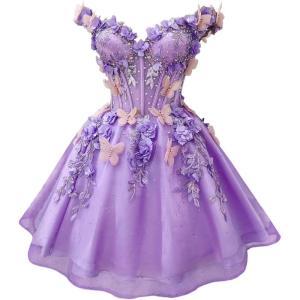 imageYoujiayi 3D Butterfly Short Homecoming Dresses for Teens Off Shoulder DAMA Dress for Quinceanera Puffy Tulle Short Prom GownLavender