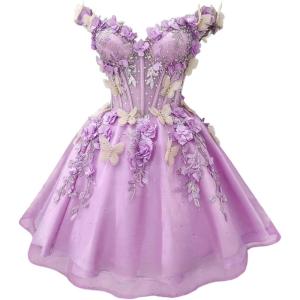 imageYoujiayi 3D Butterfly Short Homecoming Dresses for Teens Off Shoulder DAMA Dress for Quinceanera Puffy Tulle Short Prom GownLilac