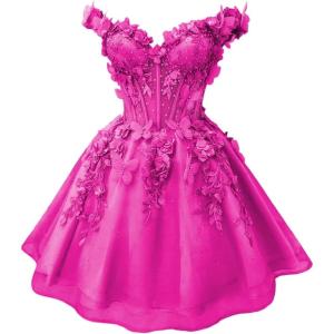 imageYoujiayi 3D Butterfly Short Homecoming Dresses for Teens Off Shoulder DAMA Dress for Quinceanera Puffy Tulle Short Prom GownMagenta