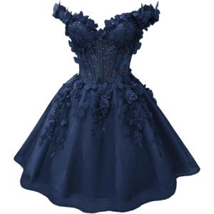 imageYoujiayi 3D Butterfly Short Homecoming Dresses for Teens Off Shoulder DAMA Dress for Quinceanera Puffy Tulle Short Prom GownNavy
