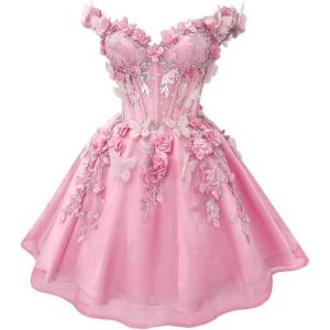 imageYoujiayi 3D Butterfly Short Homecoming Dresses for Teens Off Shoulder DAMA Dress for Quinceanera Puffy Tulle Short Prom GownPink