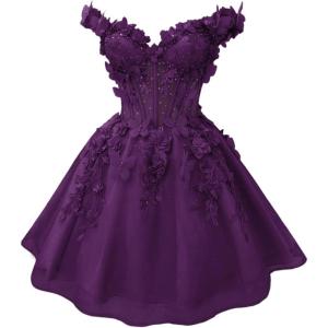imageYoujiayi 3D Butterfly Short Homecoming Dresses for Teens Off Shoulder DAMA Dress for Quinceanera Puffy Tulle Short Prom GownPlum