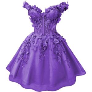 imageYoujiayi 3D Butterfly Short Homecoming Dresses for Teens Off Shoulder DAMA Dress for Quinceanera Puffy Tulle Short Prom GownPurple
