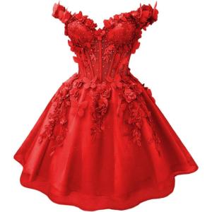imageYoujiayi 3D Butterfly Short Homecoming Dresses for Teens Off Shoulder DAMA Dress for Quinceanera Puffy Tulle Short Prom GownRed