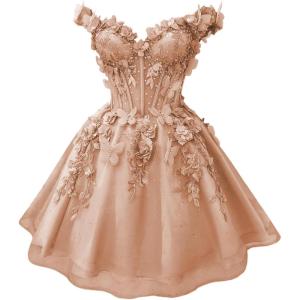 imageYoujiayi 3D Butterfly Short Homecoming Dresses for Teens Off Shoulder DAMA Dress for Quinceanera Puffy Tulle Short Prom GownRose Gold