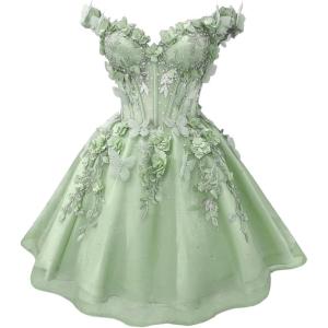 imageYoujiayi 3D Butterfly Short Homecoming Dresses for Teens Off Shoulder DAMA Dress for Quinceanera Puffy Tulle Short Prom GownSage