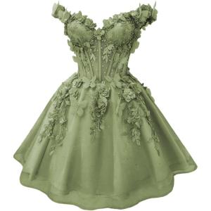 imageYoujiayi 3D Butterfly Short Homecoming Dresses for Teens Off Shoulder DAMA Dress for Quinceanera Puffy Tulle Short Prom GownSage Green