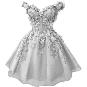 imageYoujiayi 3D Butterfly Short Homecoming Dresses for Teens Off Shoulder DAMA Dress for Quinceanera Puffy Tulle Short Prom GownSilver