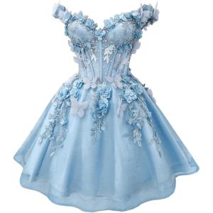 imageYoujiayi 3D Butterfly Short Homecoming Dresses for Teens Off Shoulder DAMA Dress for Quinceanera Puffy Tulle Short Prom GownSky Blue