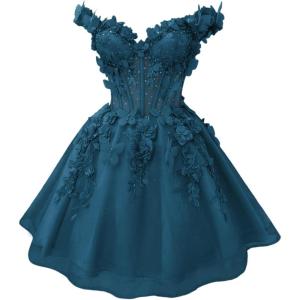 imageYoujiayi 3D Butterfly Short Homecoming Dresses for Teens Off Shoulder DAMA Dress for Quinceanera Puffy Tulle Short Prom GownTeal