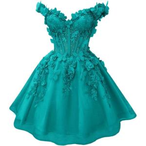 imageYoujiayi 3D Butterfly Short Homecoming Dresses for Teens Off Shoulder DAMA Dress for Quinceanera Puffy Tulle Short Prom GownTurquoise