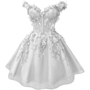 imageYoujiayi 3D Butterfly Short Homecoming Dresses for Teens Off Shoulder DAMA Dress for Quinceanera Puffy Tulle Short Prom GownWhite