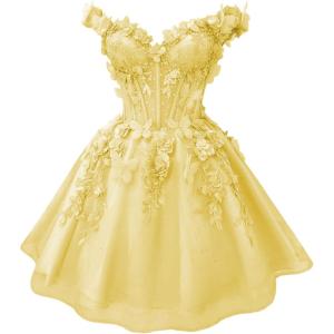imageYoujiayi 3D Butterfly Short Homecoming Dresses for Teens Off Shoulder DAMA Dress for Quinceanera Puffy Tulle Short Prom GownYellow
