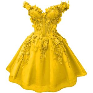 imageYoujiayi 3D Butterfly Short Homecoming Dresses for Teens Off Shoulder DAMA Dress for Quinceanera Puffy Tulle Short Prom GownYellow Dark