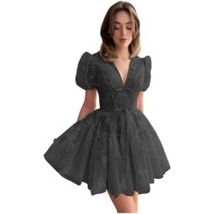 imageYoujiayi 3D Butterfly Short Homecoming Dresses for Teens Puffy Sleeve Lace Prom Dress V Neck Tulle Cocktail Dress for WomenBlack
