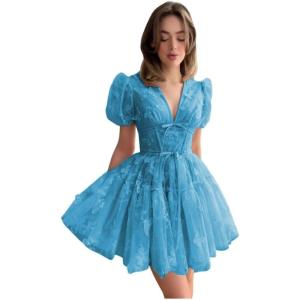 imageYoujiayi 3D Butterfly Short Homecoming Dresses for Teens Puffy Sleeve Lace Prom Dress V Neck Tulle Cocktail Dress for WomenBlue
