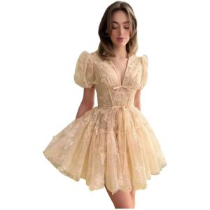 imageYoujiayi 3D Butterfly Short Homecoming Dresses for Teens Puffy Sleeve Lace Prom Dress V Neck Tulle Cocktail Dress for WomenChampagne