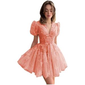 imageYoujiayi 3D Butterfly Short Homecoming Dresses for Teens Puffy Sleeve Lace Prom Dress V Neck Tulle Cocktail Dress for WomenCoral