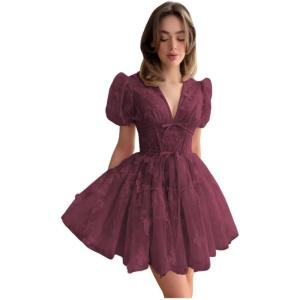 imageYoujiayi 3D Butterfly Short Homecoming Dresses for Teens Puffy Sleeve Lace Prom Dress V Neck Tulle Cocktail Dress for WomenDeep Burgundy