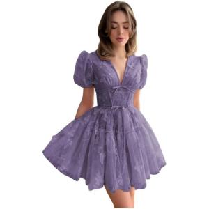 imageYoujiayi 3D Butterfly Short Homecoming Dresses for Teens Puffy Sleeve Lace Prom Dress V Neck Tulle Cocktail Dress for WomenDusty Mauve