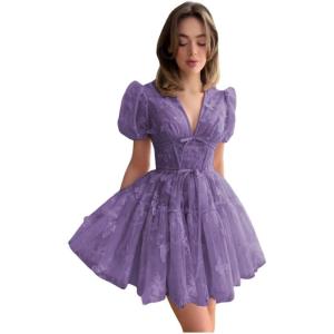 imageYoujiayi 3D Butterfly Short Homecoming Dresses for Teens Puffy Sleeve Lace Prom Dress V Neck Tulle Cocktail Dress for WomenDusty Purple