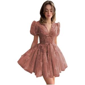 imageYoujiayi 3D Butterfly Short Homecoming Dresses for Teens Puffy Sleeve Lace Prom Dress V Neck Tulle Cocktail Dress for WomenDusty Rose