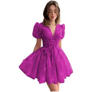 imageYoujiayi 3D Butterfly Short Homecoming Dresses for Teens Puffy Sleeve Lace Prom Dress V Neck Tulle Cocktail Dress for WomenFuchsia