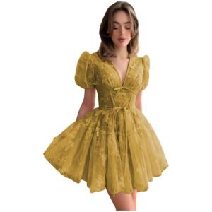 imageYoujiayi 3D Butterfly Short Homecoming Dresses for Teens Puffy Sleeve Lace Prom Dress V Neck Tulle Cocktail Dress for WomenGold