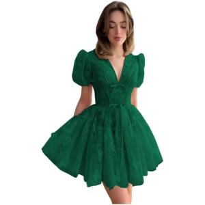 imageYoujiayi 3D Butterfly Short Homecoming Dresses for Teens Puffy Sleeve Lace Prom Dress V Neck Tulle Cocktail Dress for WomenGreen