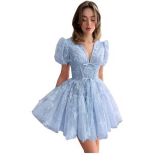 imageYoujiayi 3D Butterfly Short Homecoming Dresses for Teens Puffy Sleeve Lace Prom Dress V Neck Tulle Cocktail Dress for WomenLight Blue