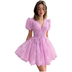 imageYoujiayi 3D Butterfly Short Homecoming Dresses for Teens Puffy Sleeve Lace Prom Dress V Neck Tulle Cocktail Dress for WomenLilac