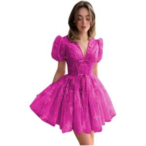 imageYoujiayi 3D Butterfly Short Homecoming Dresses for Teens Puffy Sleeve Lace Prom Dress V Neck Tulle Cocktail Dress for WomenMagenta