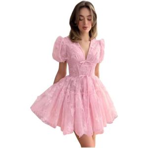 imageYoujiayi 3D Butterfly Short Homecoming Dresses for Teens Puffy Sleeve Lace Prom Dress V Neck Tulle Cocktail Dress for WomenPink