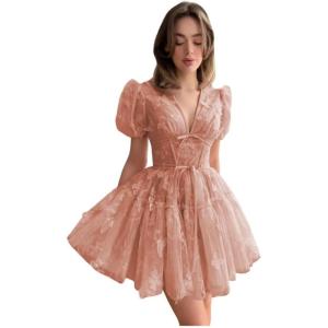 imageYoujiayi 3D Butterfly Short Homecoming Dresses for Teens Puffy Sleeve Lace Prom Dress V Neck Tulle Cocktail Dress for WomenRose Gold