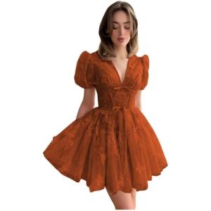 imageYoujiayi 3D Butterfly Short Homecoming Dresses for Teens Puffy Sleeve Lace Prom Dress V Neck Tulle Cocktail Dress for WomenRust