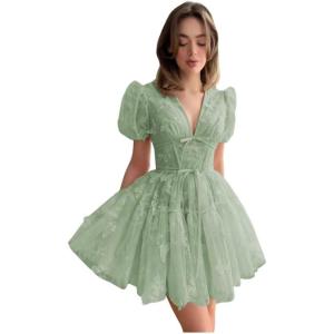 imageYoujiayi 3D Butterfly Short Homecoming Dresses for Teens Puffy Sleeve Lace Prom Dress V Neck Tulle Cocktail Dress for WomenSage